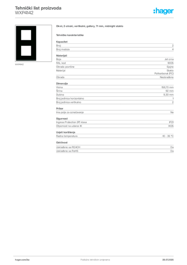 Slika Hager Product data sheet WXP4142  | Hager