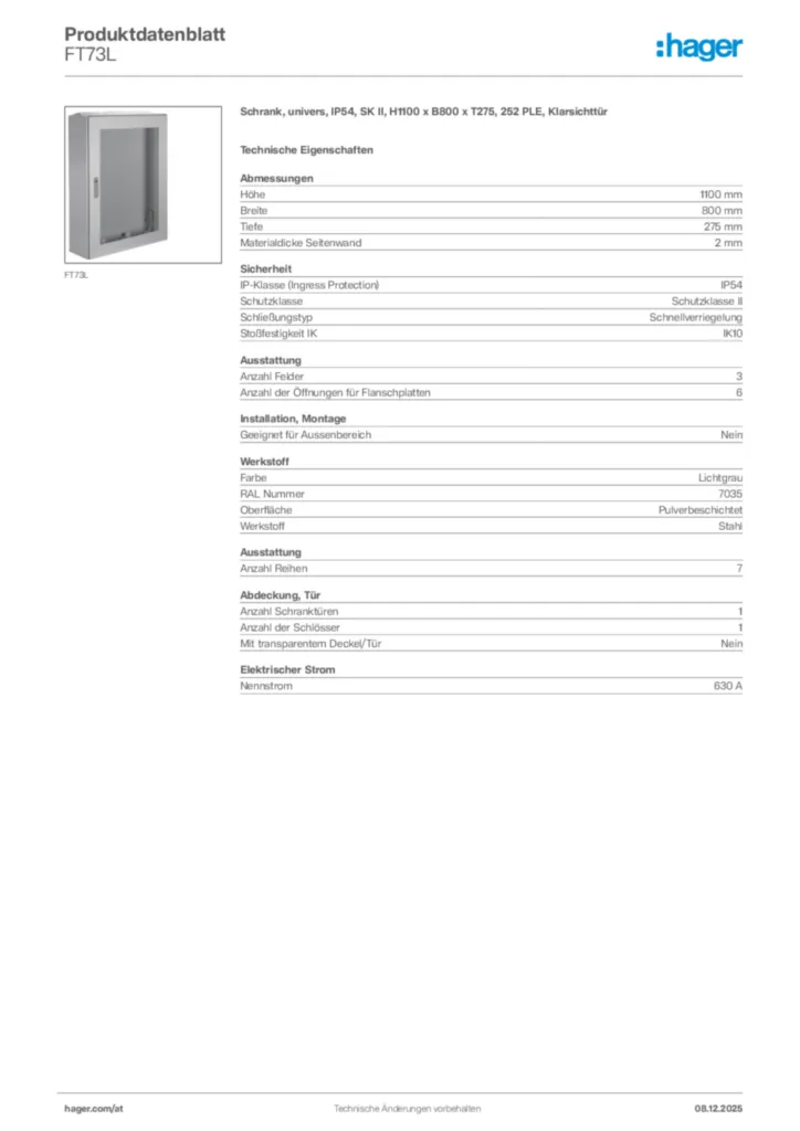 Bild Hager Produktdatenblatt FT73L | Hager Deutschland