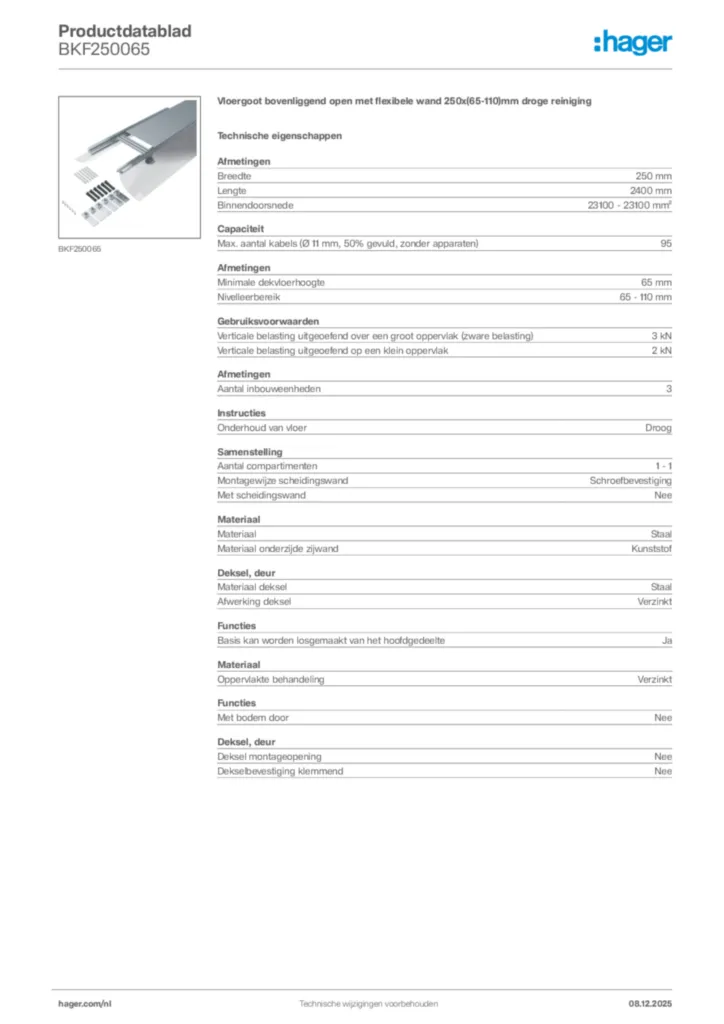 Afbeelding Hager Productdatablad BKF250065 | Hager Nederland