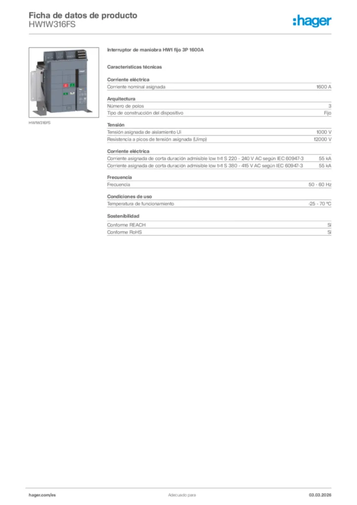 Imagen Hager Ficha de datos de producto HW1W316FS | Hager España