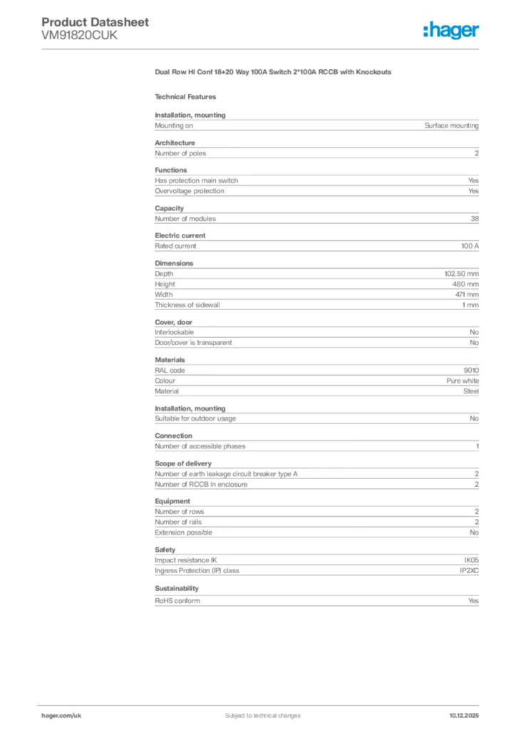 Image Hager Product data sheet VM91820CUK  | Hager