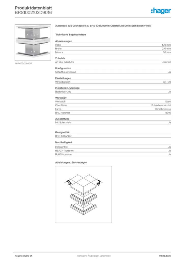 Bild Hager Produktdatenblatt BRS1002103D9016 | Hager Schweiz