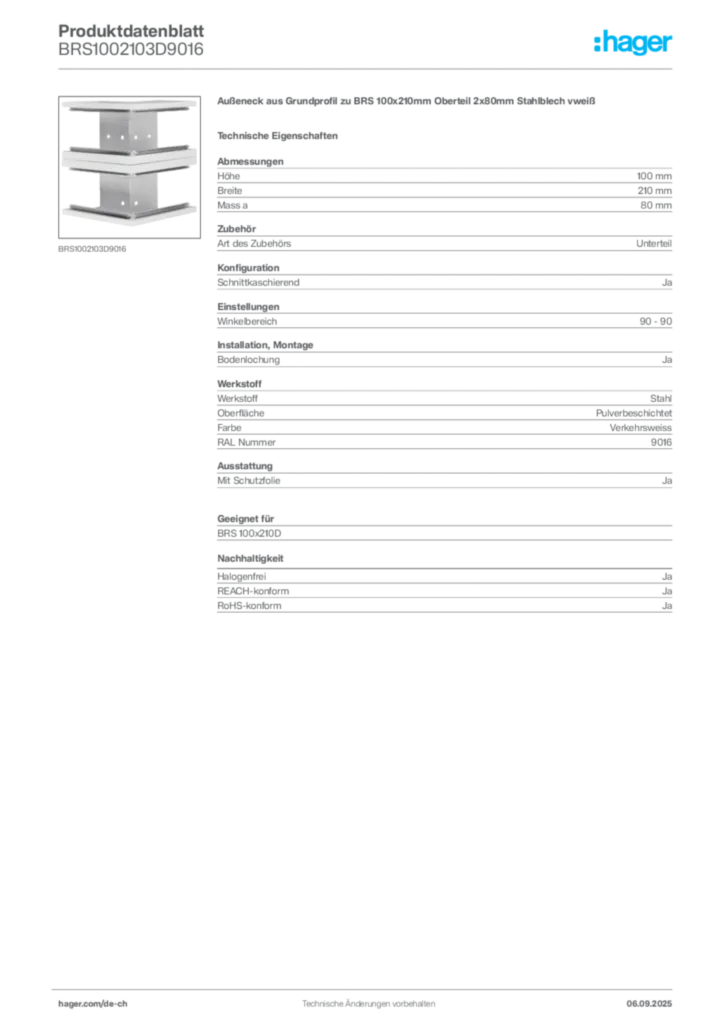 Bild Hager Produktdatenblatt BRS1002103D9016 | Hager Schweiz