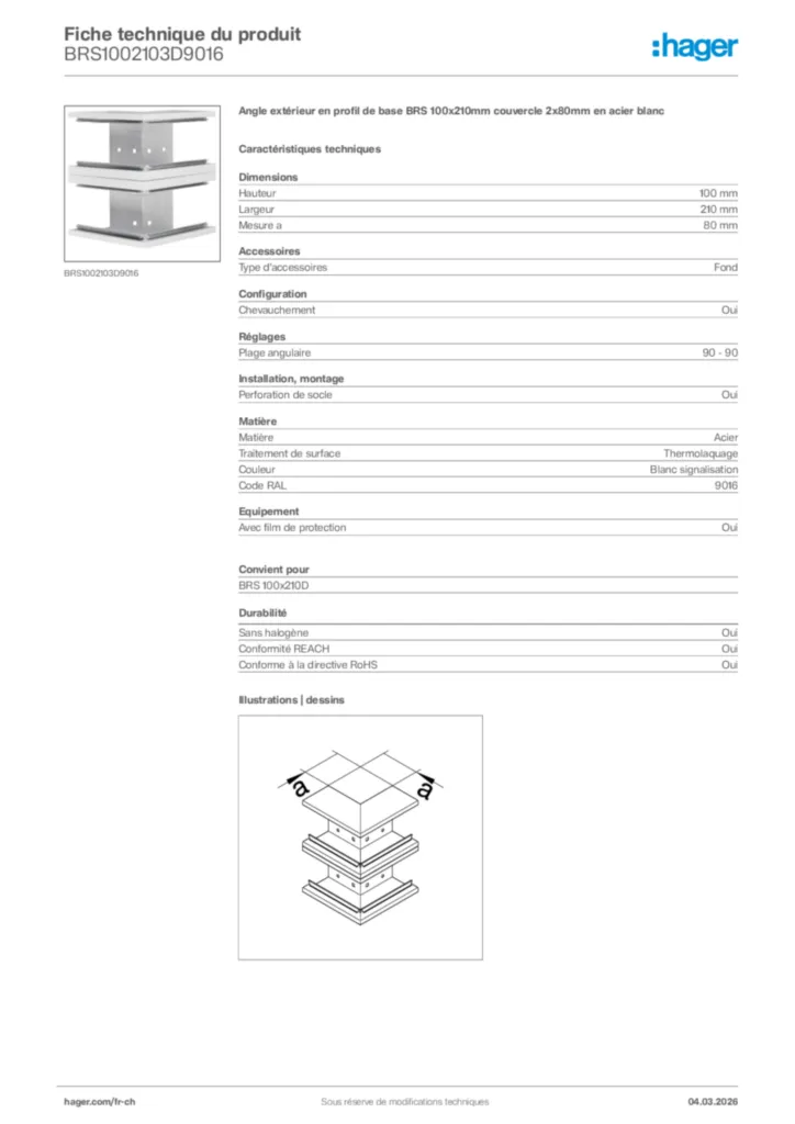 Image Hager Fiche technique du produit BRS1002103D9016 | Hager Suisse