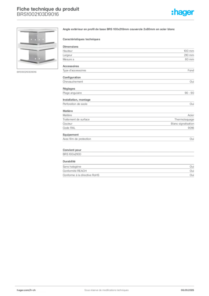 Image Hager Fiche technique du produit BRS1002103D9016 | Hager Suisse