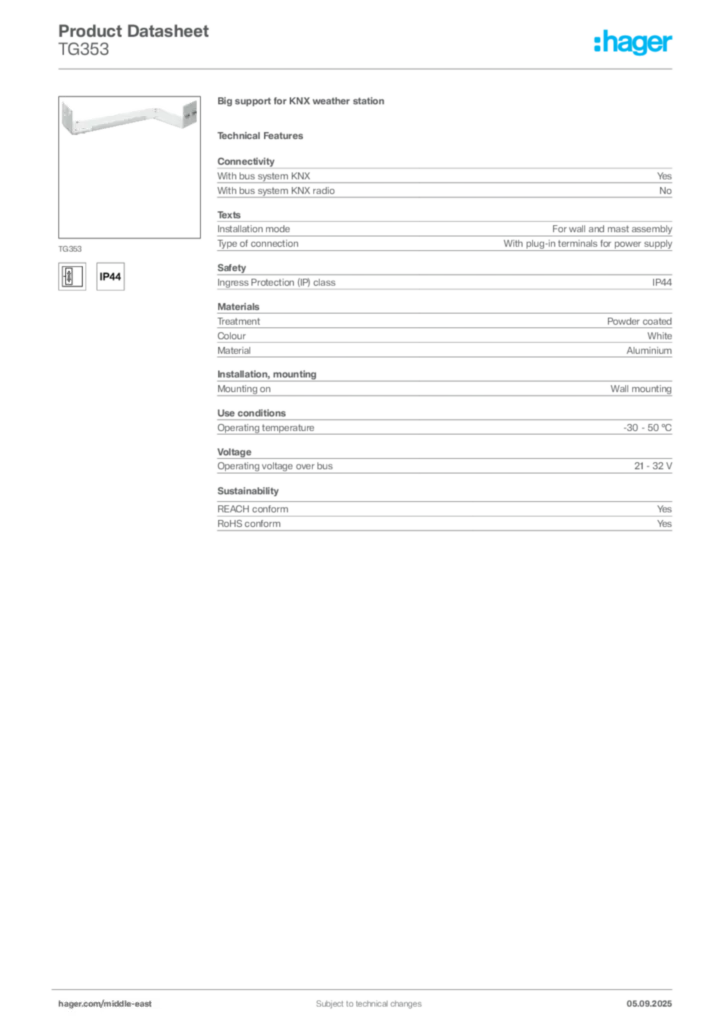 Image Hager Product data sheet TG353  | Hager