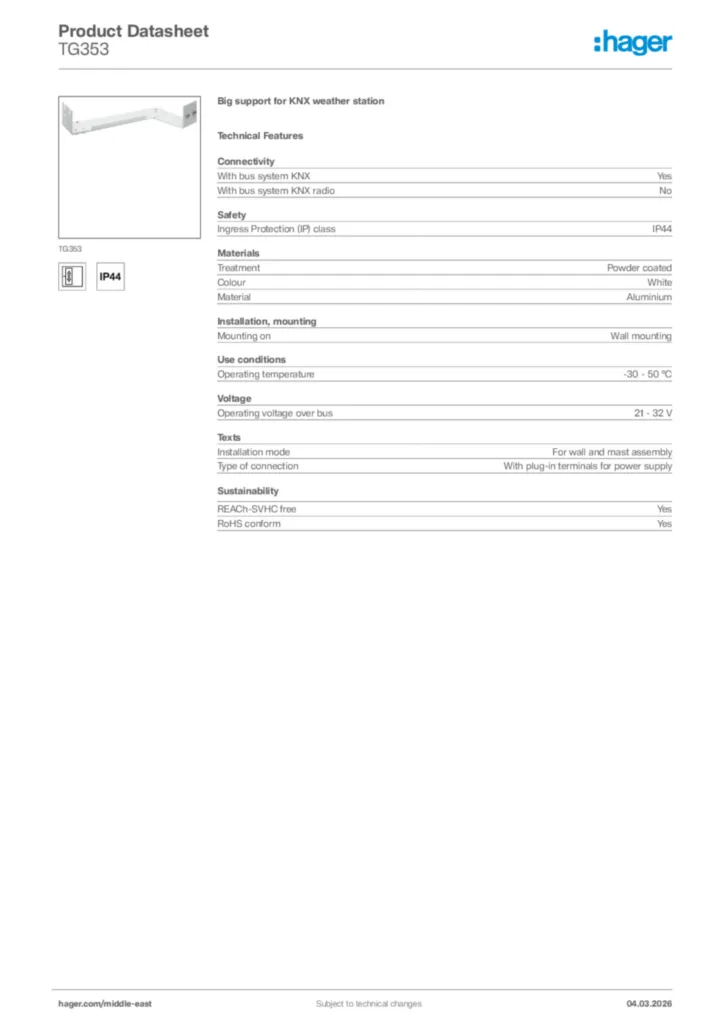Image Hager Product data sheet TG353  | Hager