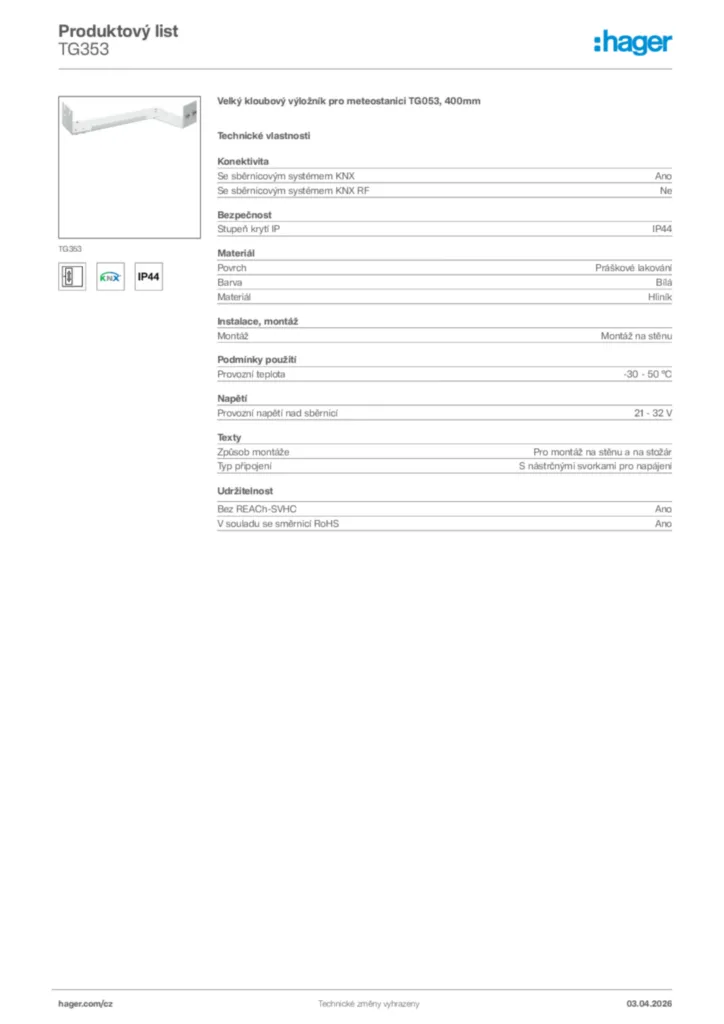 Obrázek Hager Product data sheet TG353 | Hager