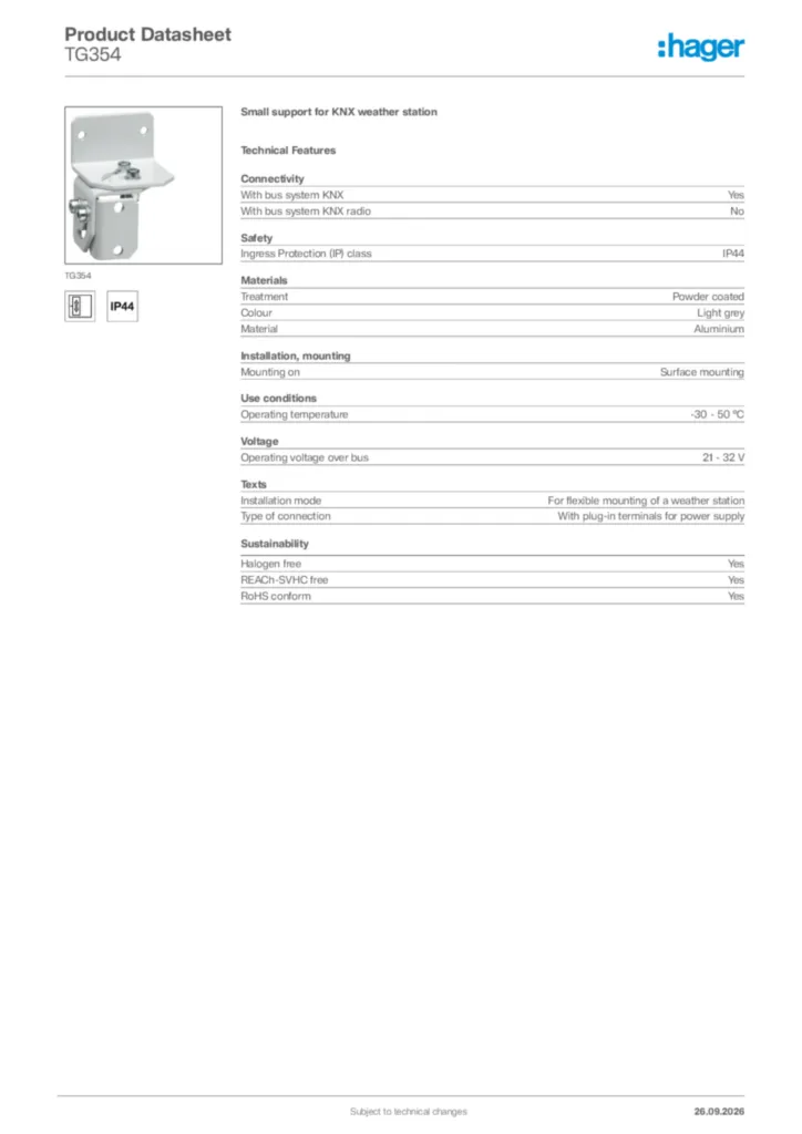 Image Hager Product data sheet TG354  | Hager Africa
