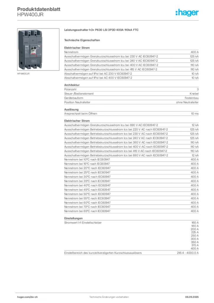 Bild Hager Produktdatenblatt HPW400JR | Hager Schweiz
