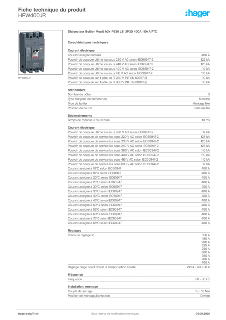 Image Hager Fiche technique du produit HPW400JR | Hager Suisse