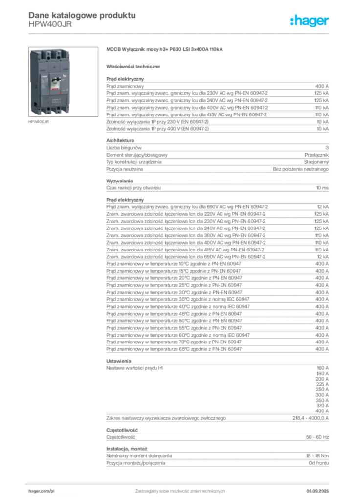 Zdjęcie Hager Dane katalogowe produktu HPW400JR | Hager Polska