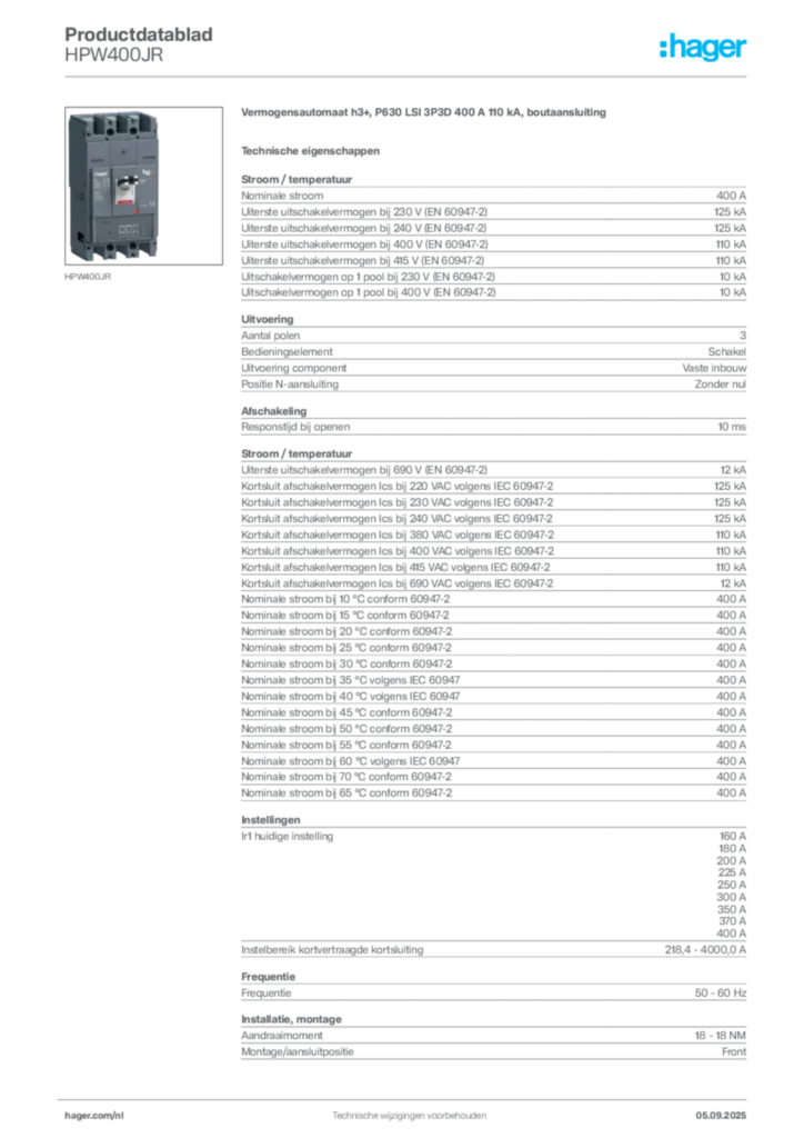 Afbeelding Hager Productdatablad HPW400JR | Hager Nederland