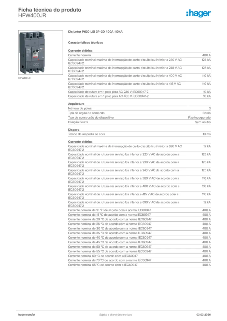 Imagem Hager Ficha técnica do produto HPW400JR | Hager Portugal