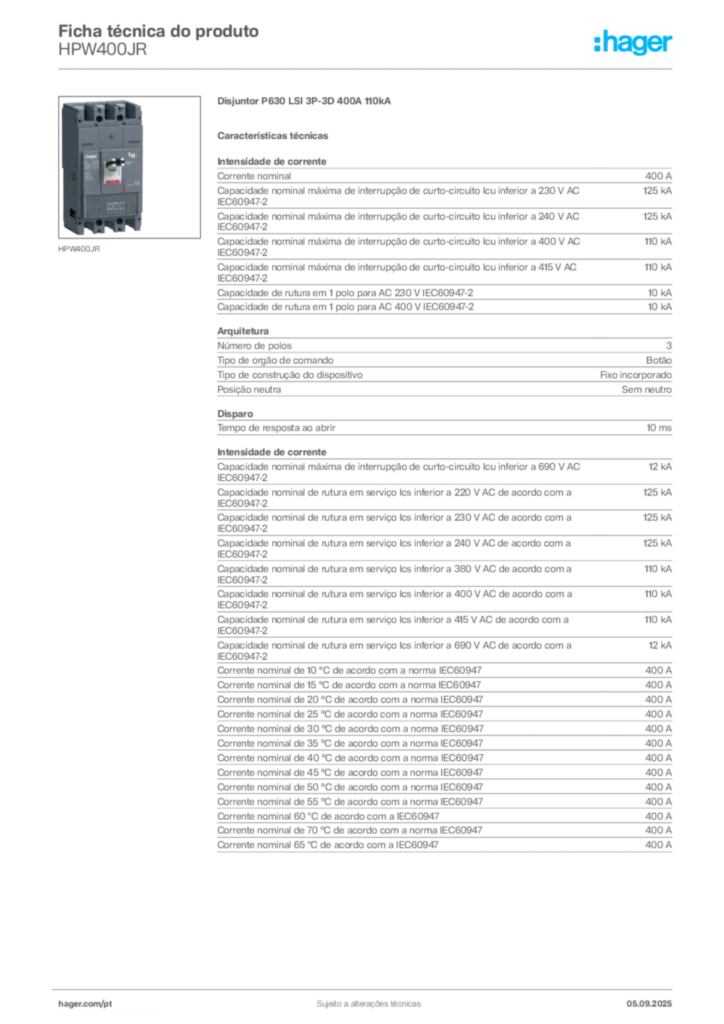 Imagem Hager Ficha técnica do produto HPW400JR | Hager Portugal