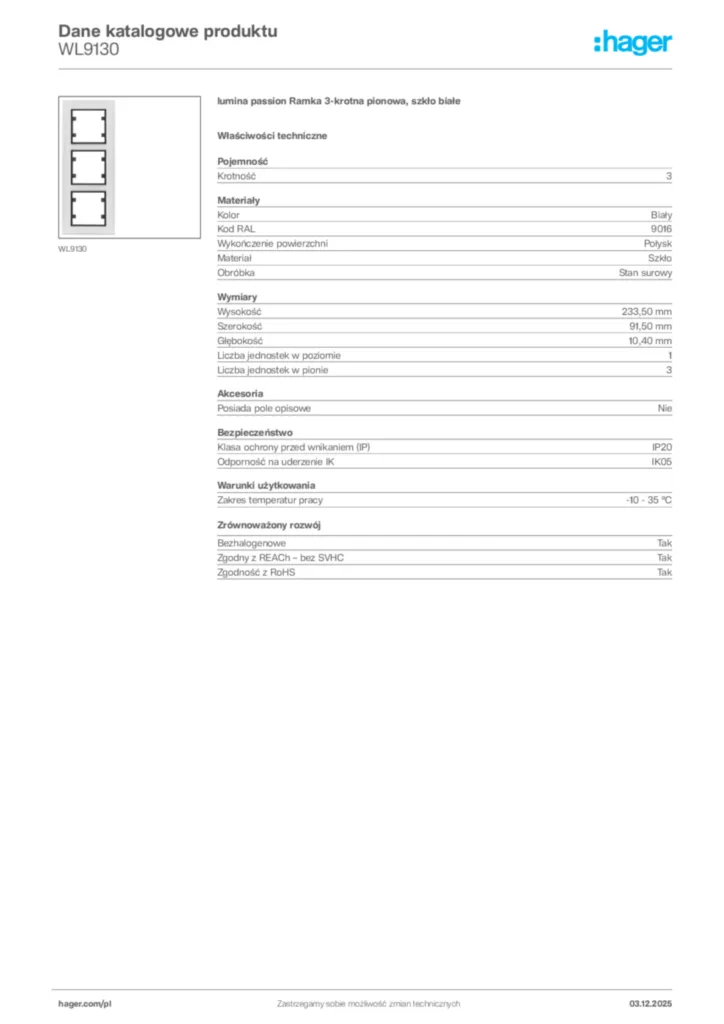 Zdjęcie Hager Dane katalogowe produktu WL9130 | Hager Polska