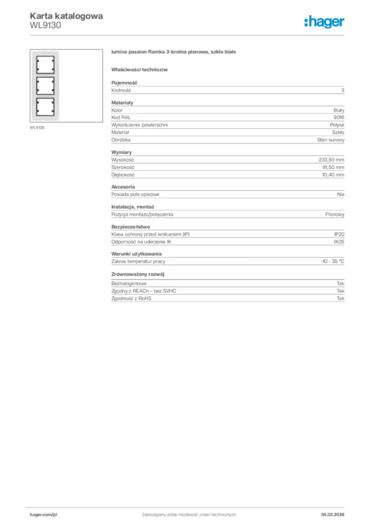 Zdjęcie Hager Karta katalogowa WL9130 | Hager Polska