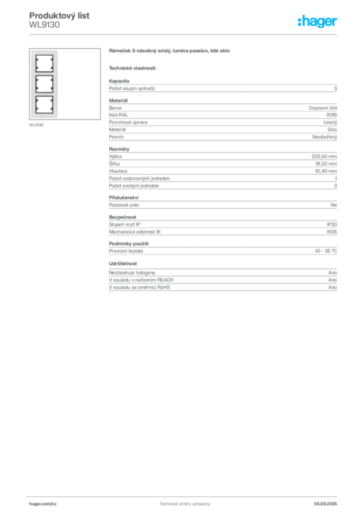 Obrázek Hager Produktový list WL9130 | Hager