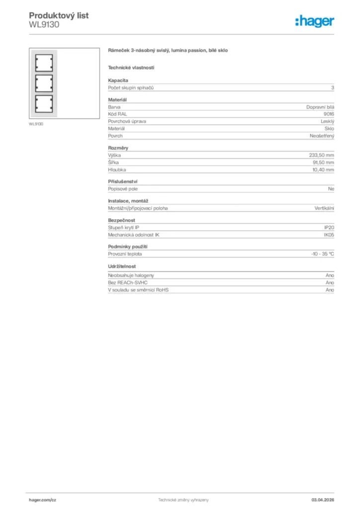 Obrázek Hager Product data sheet WL9130 | Hager