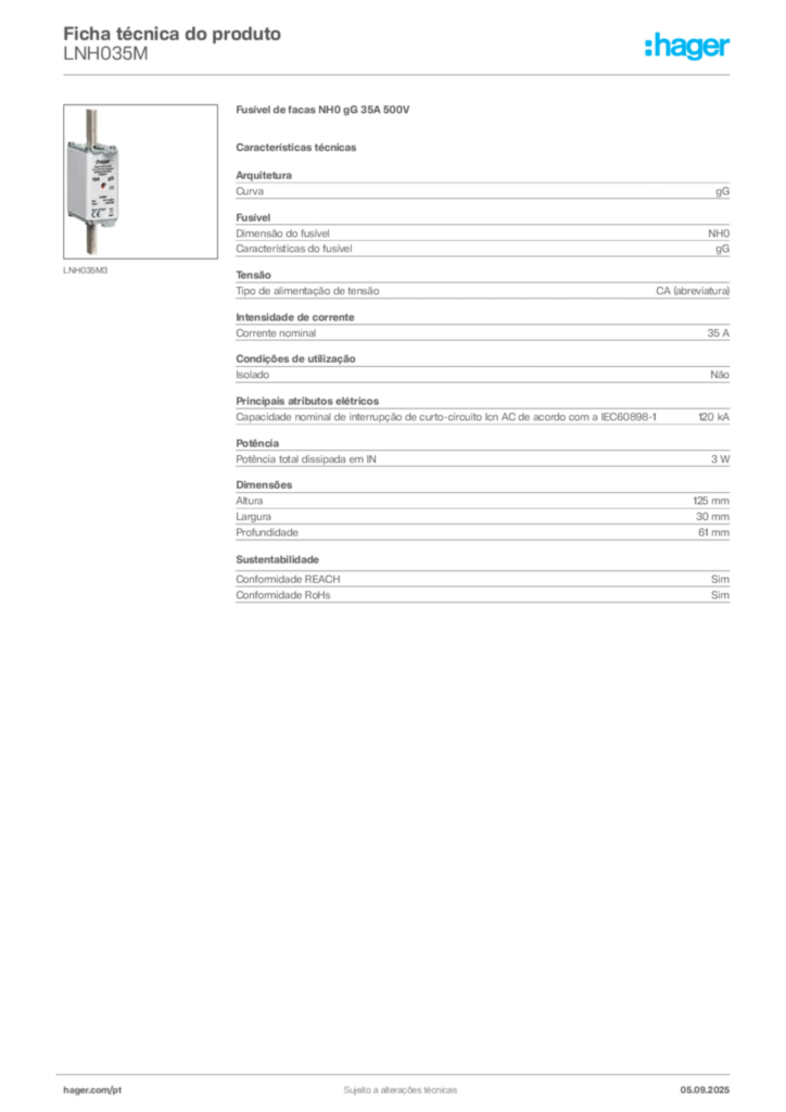 Imagem Hager Ficha técnica do produto LNH035M | Hager Portugal
