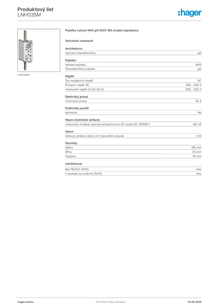 Obrázek Hager Product data sheet LNH035M | Hager