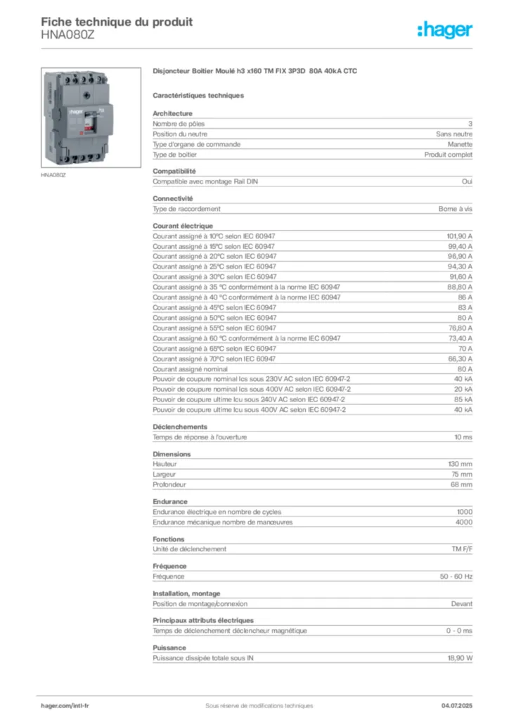 Image Hager Fiche technique du produit HNA080Z | Hager Afrique