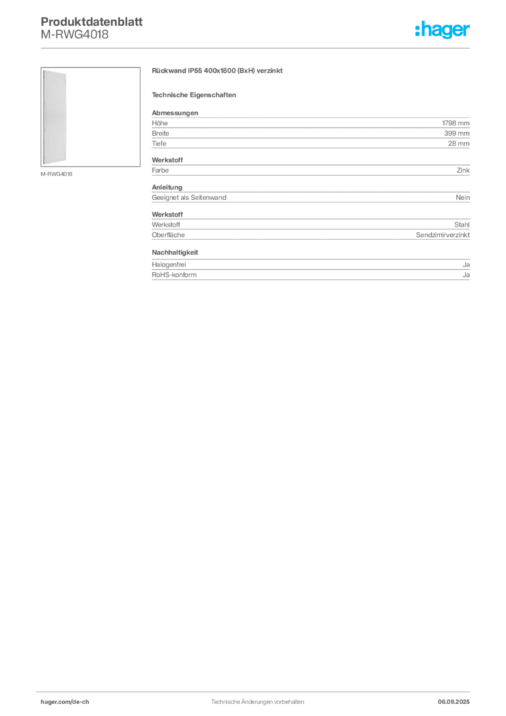 Bild Hager Produktdatenblatt M-RWG4018 | Hager Schweiz