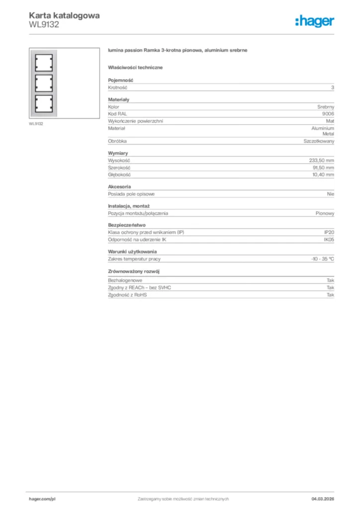 Zdjęcie Hager Karta katalogowa WL9132 | Hager Polska