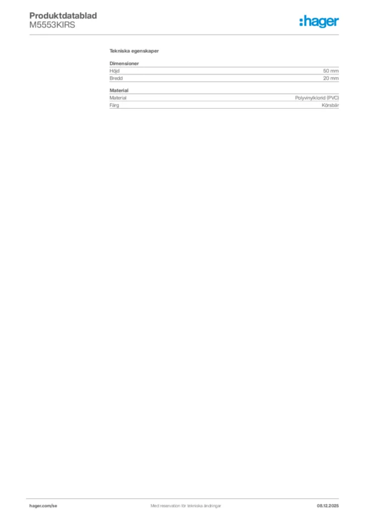 Bild Hager Produktdatablad M5553KIRS | Hager Sverige