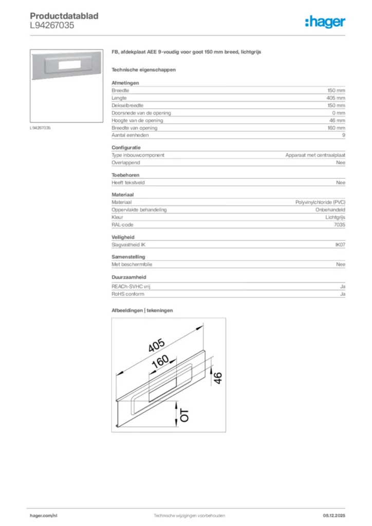 Afbeelding Hager Productdatablad L94267035 | Hager Nederland