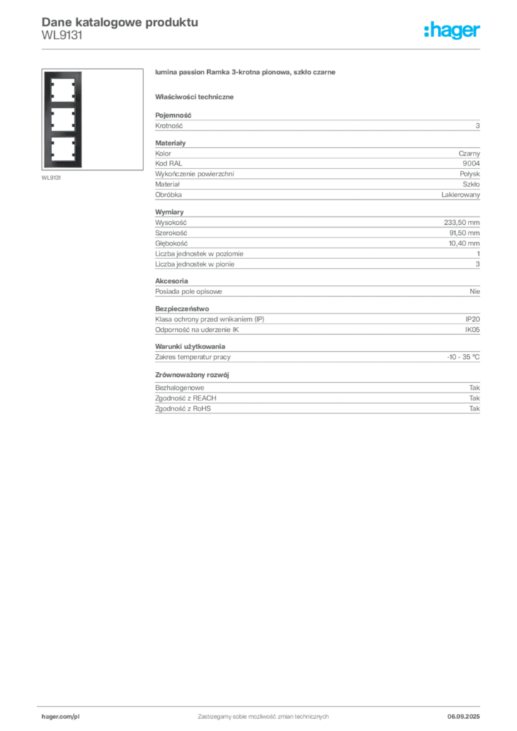 Zdjęcie Hager Dane katalogowe produktu WL9131 | Hager Polska