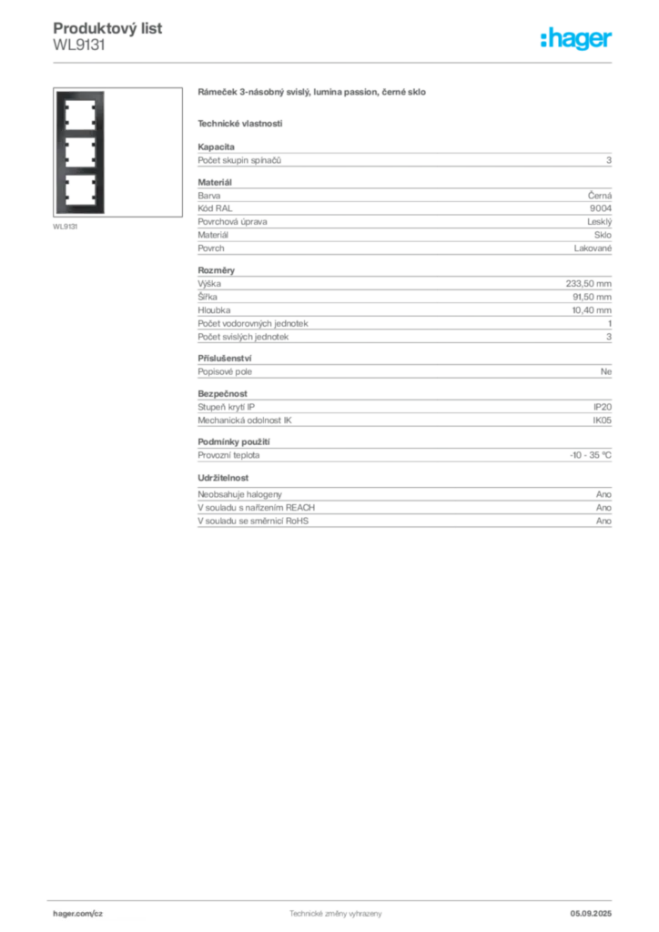 Obrázek Hager Produktový list WL9131 | Hager