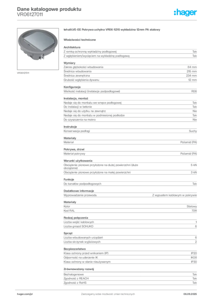 Zdjęcie Hager Dane katalogowe produktu VR06127011 | Hager Polska