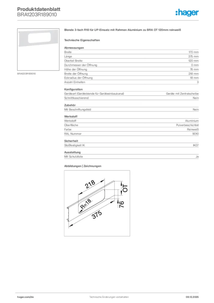 Bild Hager Produktdatenblatt BRA1203R189010 | Hager Deutschland
