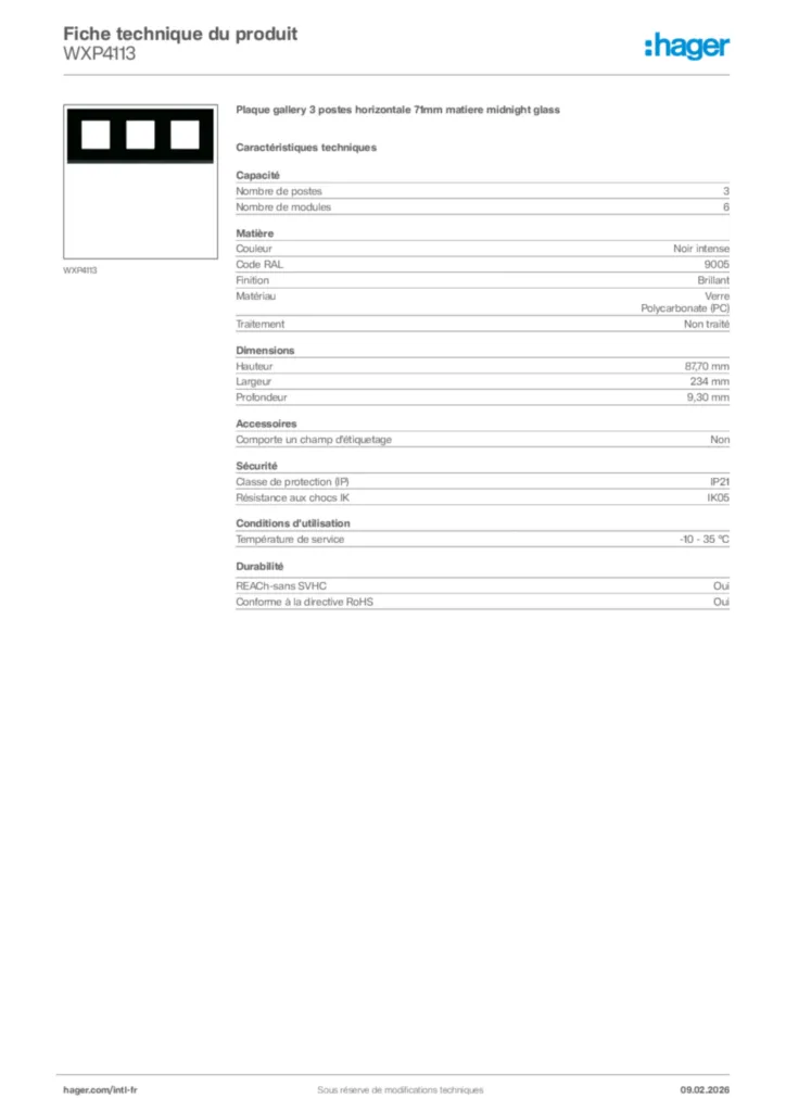 Image Hager Fiche technique du produit WXP4113 | Hager Afrique