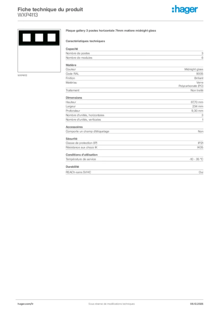Image Hager Fiche technique du produit WXP4113 | Hager France