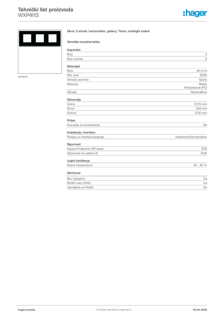 Slika Hager Tehnički list proizvoda WXP4113  | Hager