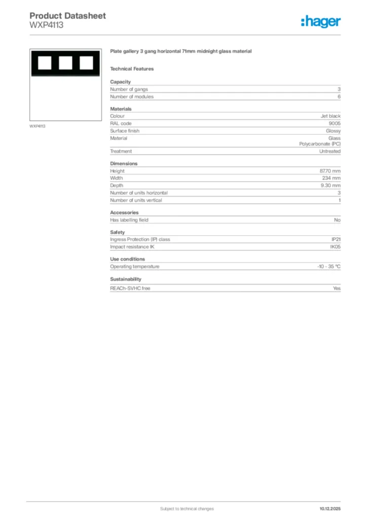 Image Hager Product data sheet WXP4113  | Hager