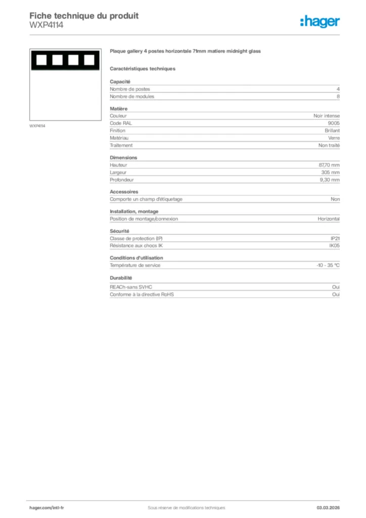 Image Hager Fiche technique du produit WXP4114 | Hager Afrique