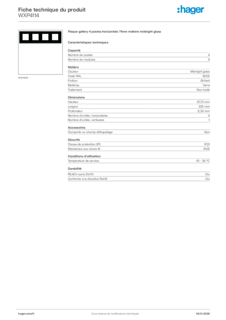 Image Hager Fiche technique du produit WXP4114 | Hager France