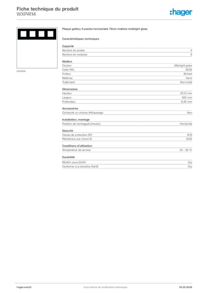 Image Hager Fiche technique du produit WXP4114 | Hager France