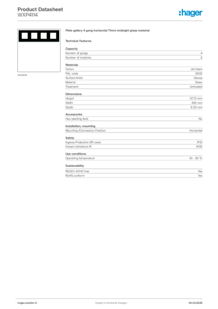 Image Hager Product data sheet WXP4114  | Hager