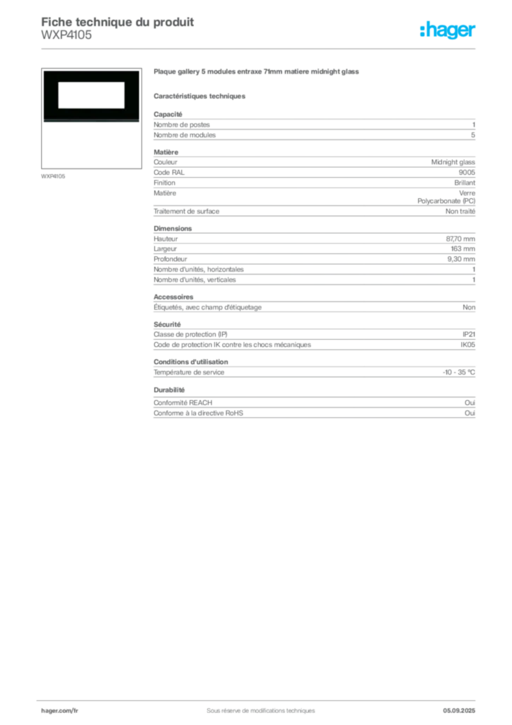Image Hager Fiche technique du produit WXP4105 | Hager France