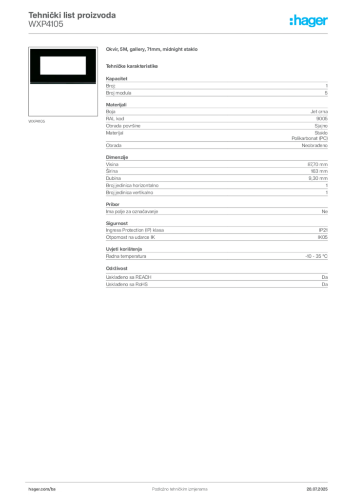 Slika Hager Product data sheet WXP4105  | Hager