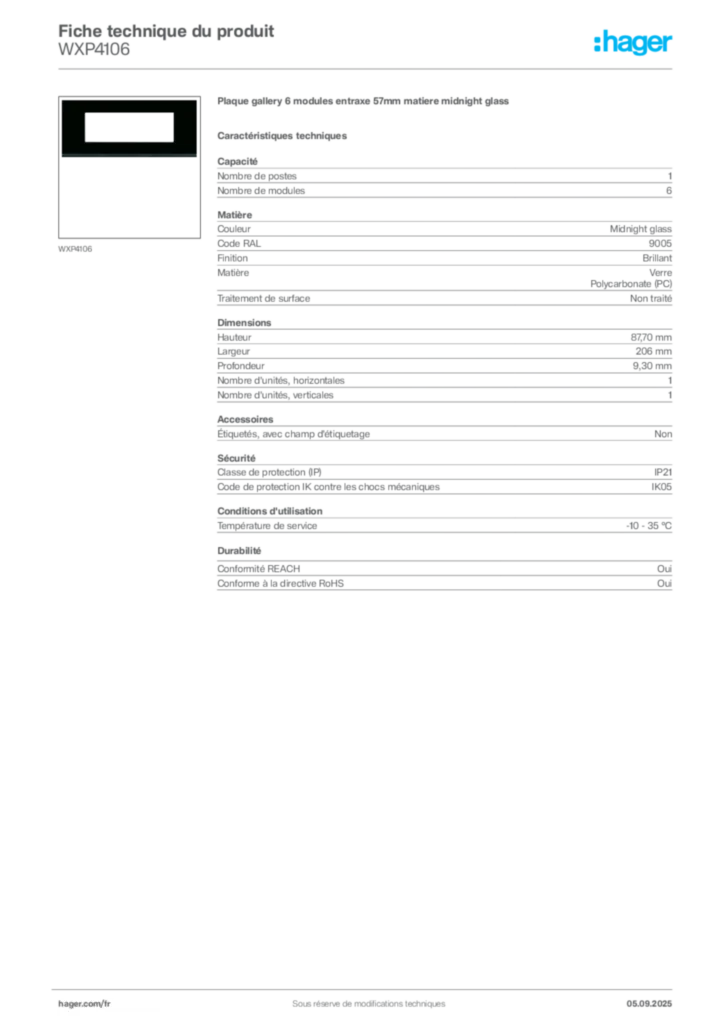 Image Hager Fiche technique du produit WXP4106 | Hager France