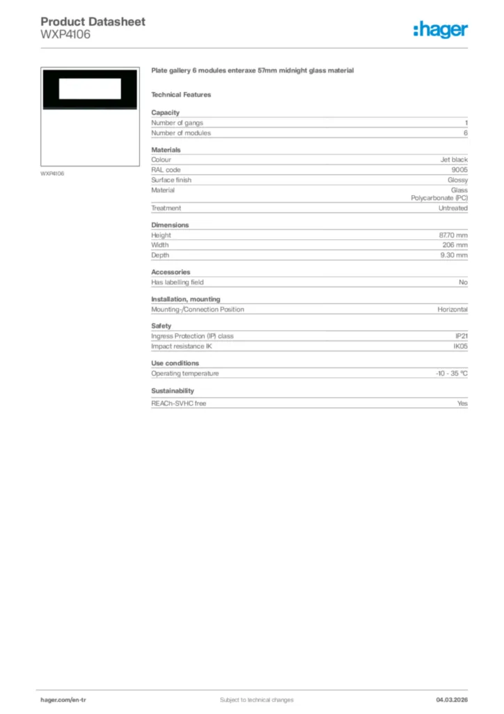 Image Hager Product data sheet WXP4106  | Hager