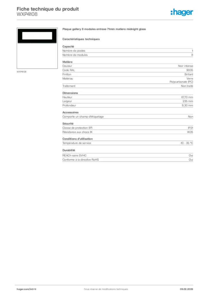 Image Hager Fiche technique du produit WXP4108 | Hager Afrique