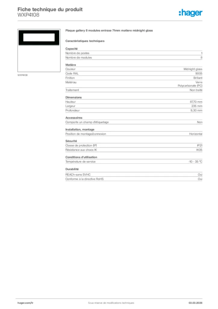 Image Hager Fiche technique du produit WXP4108 | Hager France