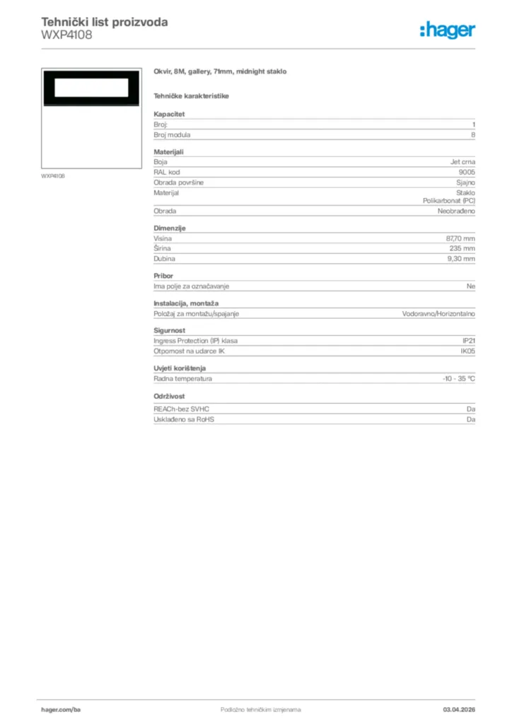 Slika Hager Tehnički list proizvoda WXP4108  | Hager