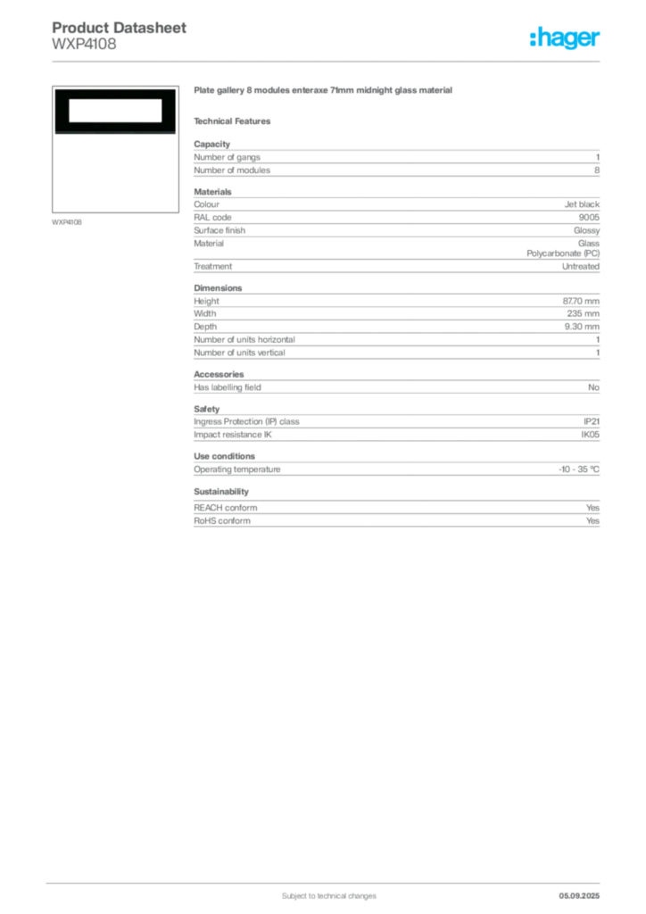 Image Hager Product data sheet WXP4108  | Hager